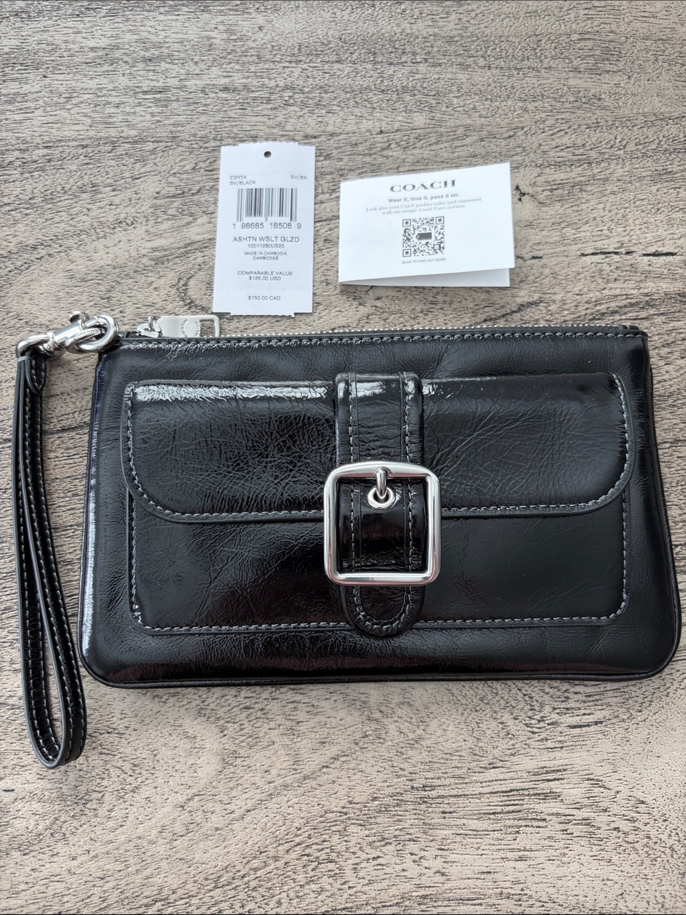 Coach Ashton Wristlet NWT Black Glazed Leather/Silver